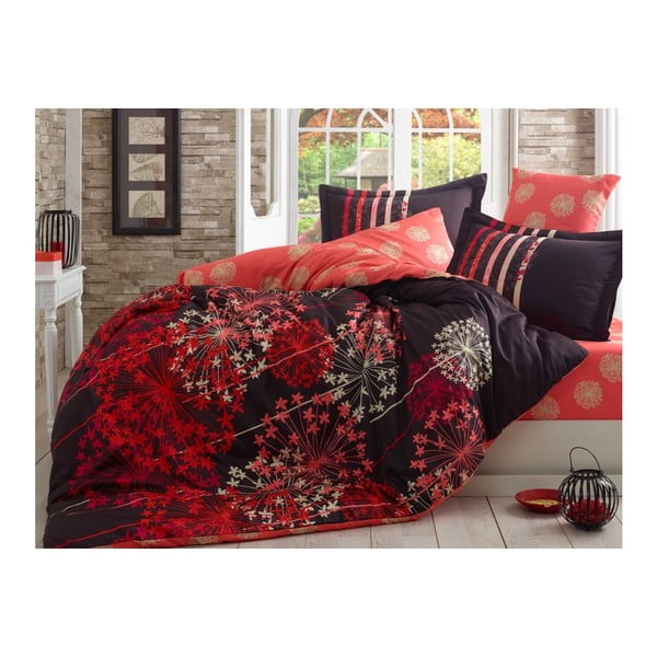 Crvena satenska pamučna posteljina s plahtama za bračni krevet Fiorella, 200 x 220 cm
