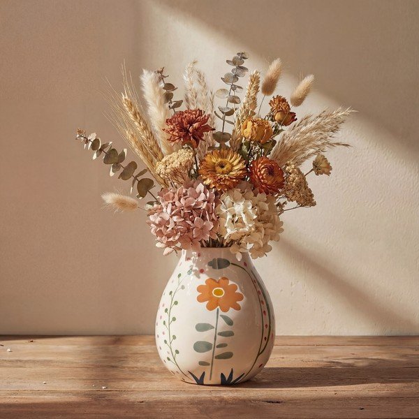 Krem ručno oslikana vaza od kamenine (visina 17 cm) Taza – Bloomingville-image-1