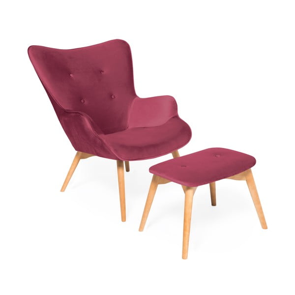 Ružičasto-crvena fotelja i tabure s podnožjem u prirodnoj boji Vivonita Cora Velvet