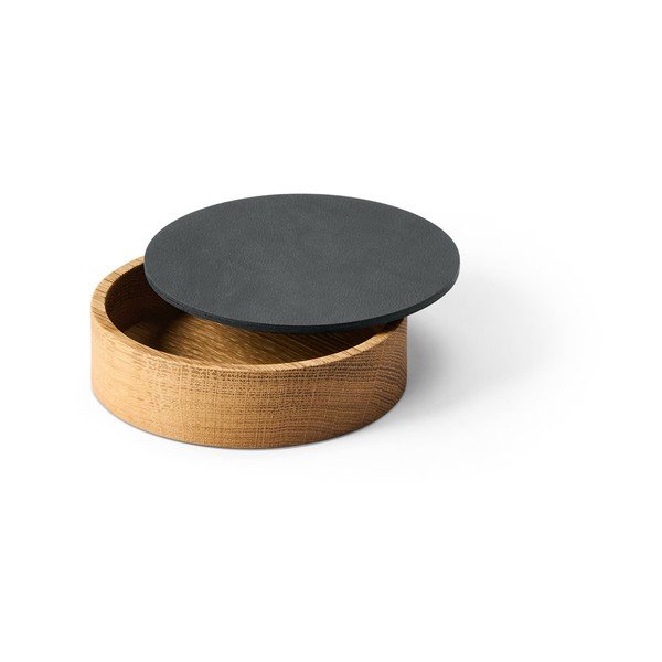 Antracitno siva/u prirodnoj boji drvena/od eko kože kutija za pohranu s poklopcem/dekorativna ø 11x3,5 cm Circle Nupo – LIND DNA-image-1