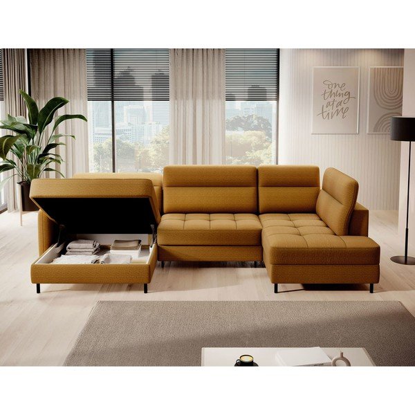 Žuta  baršunasti sklopiva/s prostorom za odlaganje kutna garnitura (s desnim kutom/u obliku slova "U") Berrto – ELTAP-image-3