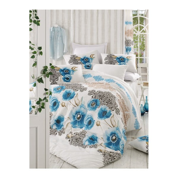 Plavo-bijela posteljina za bračni krevet sa Merve posteljinom, 200 x 220 cm