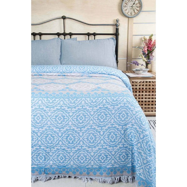 Plavi pamučni prekrivač za bračni krevet 215x240 cm Lenna – Mijolnir