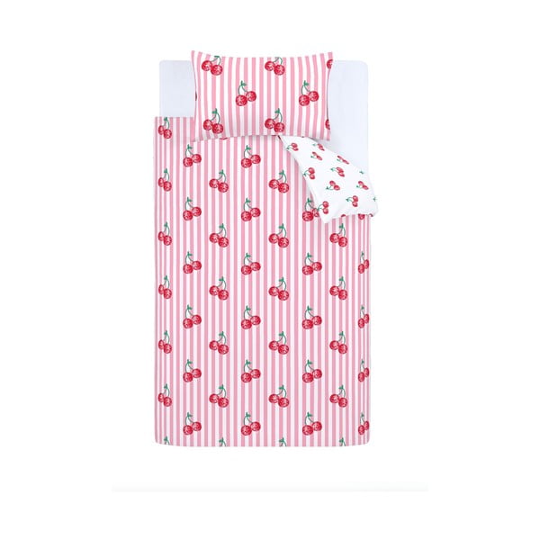 Bijela/ružičasta posteljina za krevet za jednu osobu 135x200 cm Disco Cherries Stripes – Catherine Lansfield