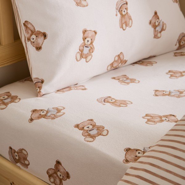 Krem flanelska dječja plahta s gumom za krevet za jednu osobu 70x140 cm Brushed Teddy Bear – Catherine Lansfield