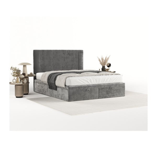 Sivi tapecirani bračni krevet s prostorom za pohranu 200x200 cm Mavel – Maison de Rêve-image-2