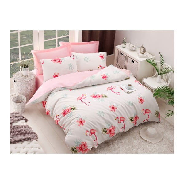 Posteljina s pamučnom posteljinom za bračni krevet Flamenco Cream, 200 x 220 cm