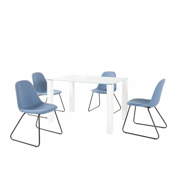 Bijeli stol za blagovanje i 4 plave stolice Støraa Dante Colombo