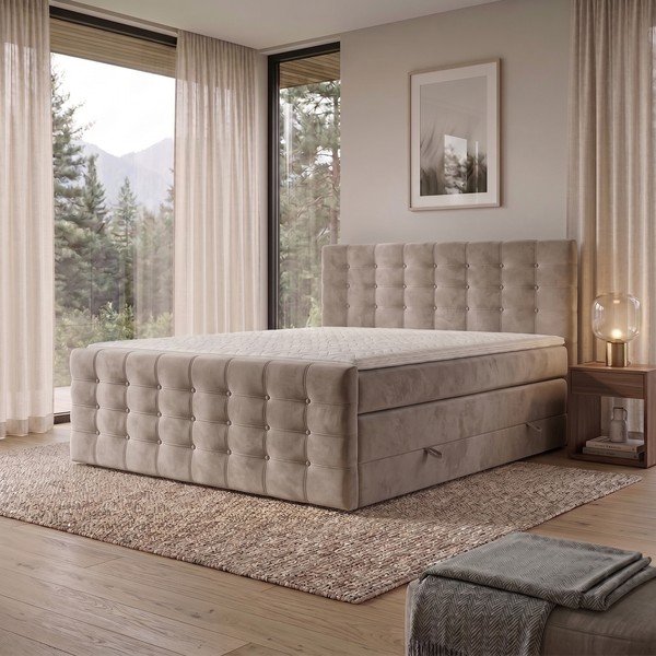 Bež boxspring krevet s prostorom za pohranu 200x200 cm Blend – Maison de Rêve-image-1