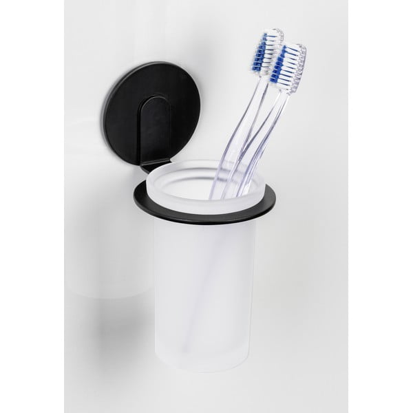 Mat crna staklena samoljepljiva čaša za četkice za zube Bivio – Wenko-image-1