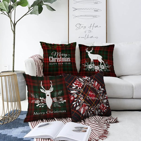 Set od 4 božićne jastučnice od kenila Minimalističke navlake za jastuke Tartan Sretan Božić, 55 x 55 cm