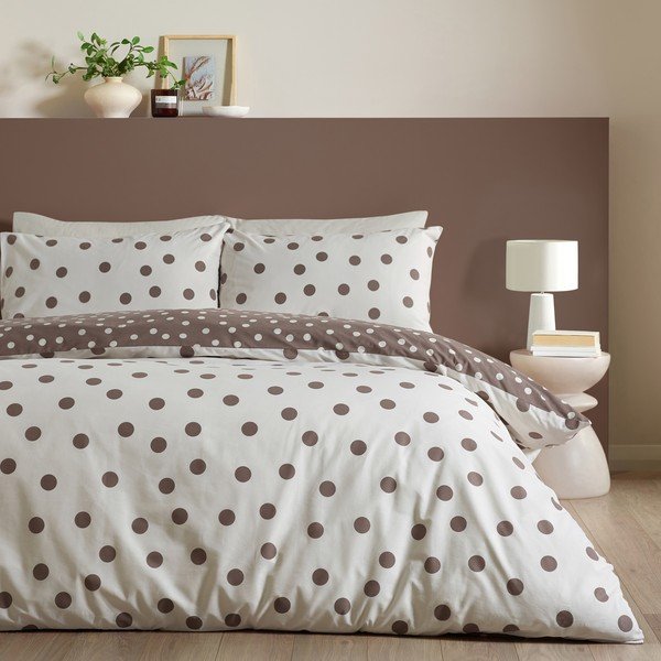 Bijela/tamno smeđa posteljina za bračni krevet 200x200 cm Polka Dot – Catherine Lansfield-image-1