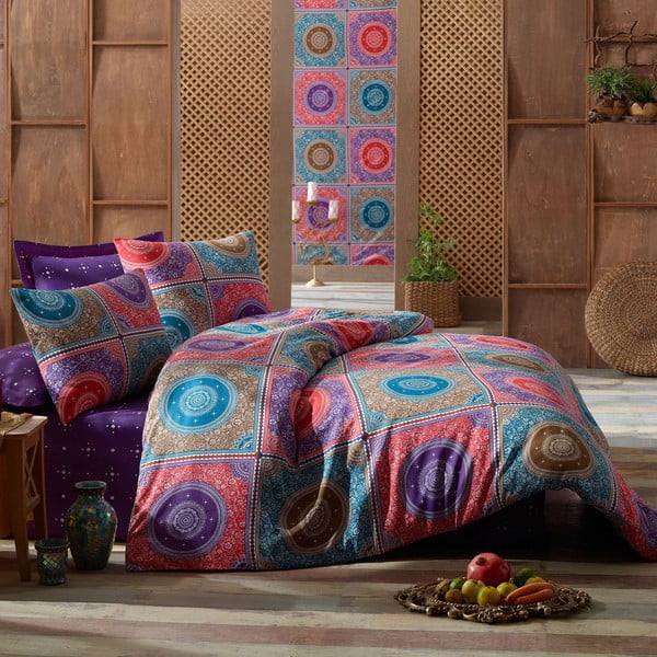 Posteljina s posteljinom za bračni krevet Ornament Purple, 200 x 220 cm