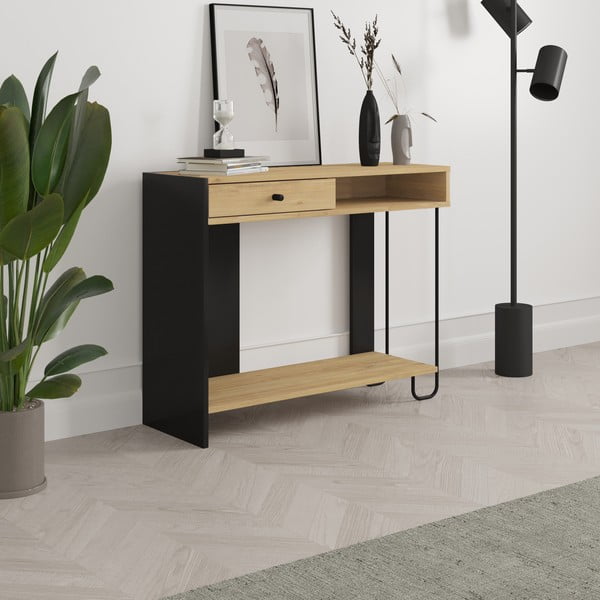 Crni/u prirodnoj boji pomoćni stol s pločom stola u dekoru hrasta 35x100 cm Saturne – Marckeric-image-4