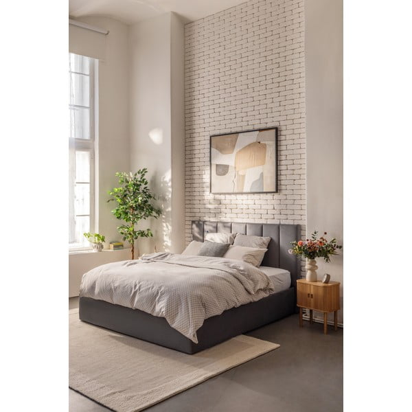 Sivi tapecirani bračni krevet s podnicom i prostorom za odlaganje 160x200 cm Thessa Bold Line – Bonami Selection-image-1