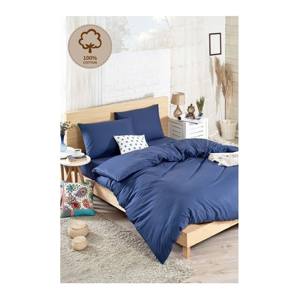 Posteljina s plahtom od ranforce pamuka za bračni krevet Duz Boya Navy, 200 x 220 cm