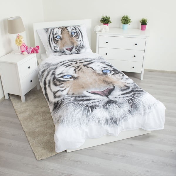 Bijela/siva pamučna dječja posteljina za krevet za jednu osobu 140x200 cm White Tiger – Jerry Fabrics-image-1