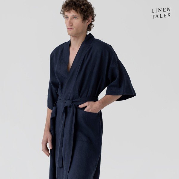 Tamnoplavi laneni kućni ogrtač veličine S/M Summer - Linen Tales-image-3