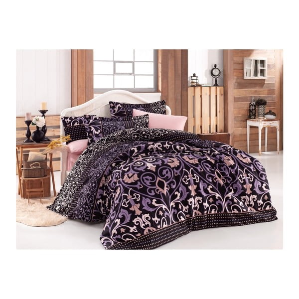 Pamučna satenska posteljina s plahtom za bračni krevet Valentino Lilac, 200 x 220 cm
