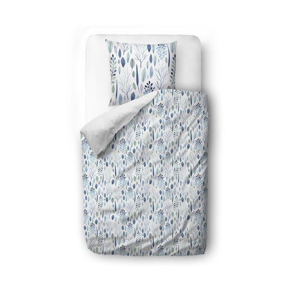 Bijelo-plava posteljina za krevet za jednu osobu od pamučnog satena 135x200 cm Blue Winter Floral - Butter Kings