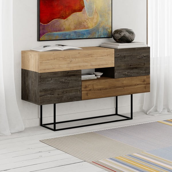 Smeđa/u prirodnoj boji niska komoda u dekoru hrasta 145x82 cm Titan – Marckeric-image-3