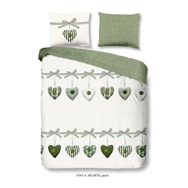Zelena i bijela posteljina na bračnom krevetu od pamuka Dobro jutro srca, 200 x 240 cm