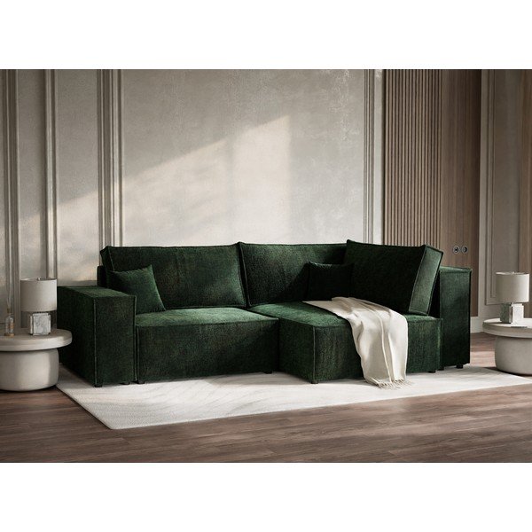 Tamno zelena sklopiva/s prostorom za odlaganje kutna garnitura od šenila (s desnim kutom/u obliku slova L) Tonga – Maison de Rêve-image-1