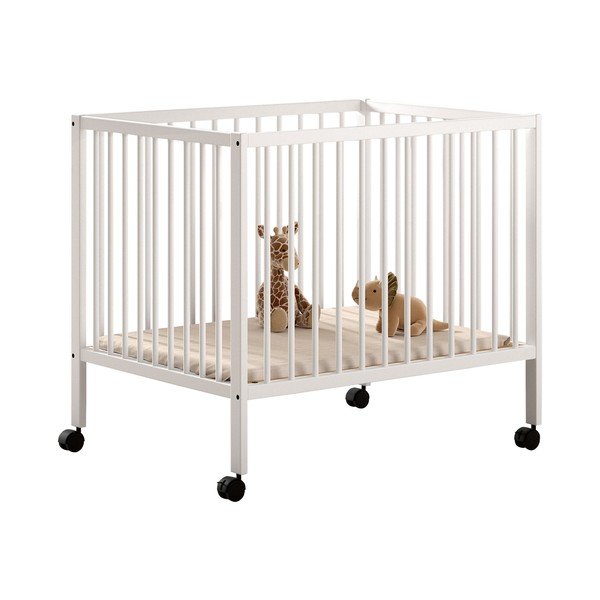 Bijeli putni krevetić od masivne bukve s podesivom visinom/na kotačićima 95x75 cm Dino – Vipack