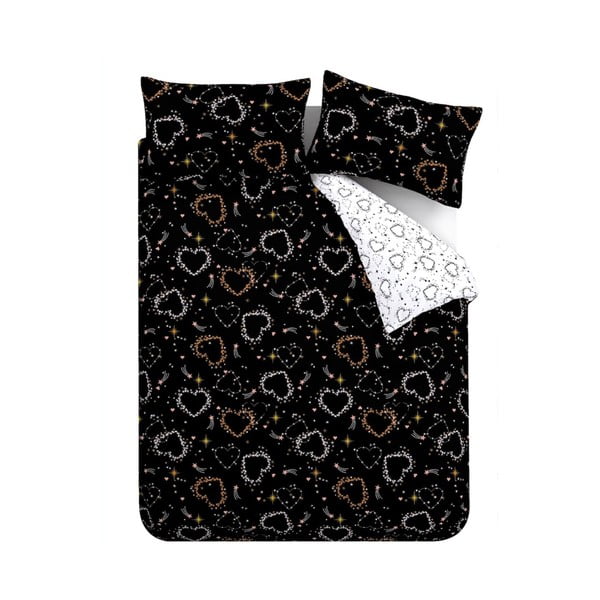 Crno-bijela posteljina za bračni krevet 200x200 cm Cosmic Hearts and Stars – Catherine Lansfield-image-2