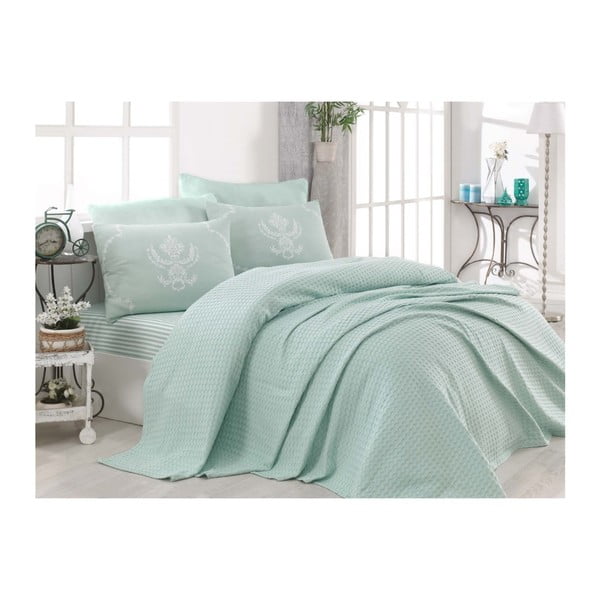 Set svijetlo zelenog pamučnog prekrivača, posteljine i 2 jastučnice za bračni krevet Turro Mint, 200 x 235 cm