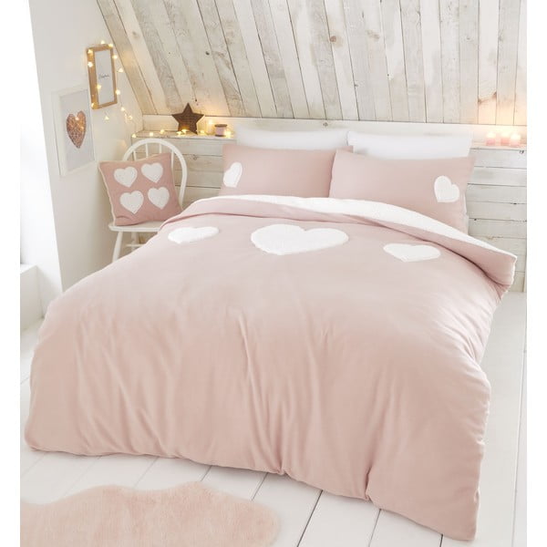 Ružičasta posteljina od flisa s motivom srca Catherine Lansfield, 135 x 200 cm
