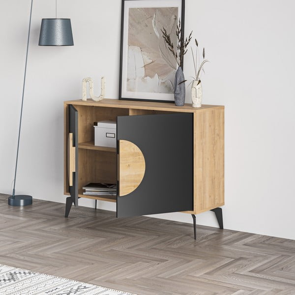 Crna/u prirodnoj boji niska komoda u dekoru hrasta 110x82 cm Vae – Marckeric-image-4