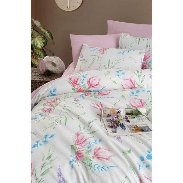 Bijela/ružičasta posteljina za bračni krevet/za produženi krevet s uključenom plahtom/4-dijelna 200x220 cm Leaves – Mila Home-image-1