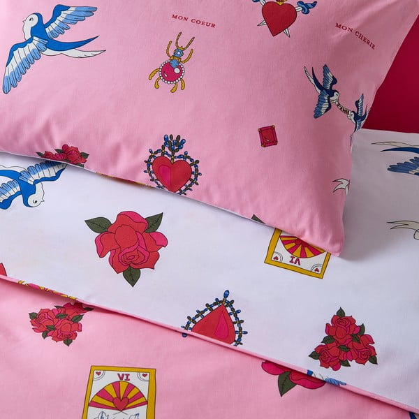 Bijela/ružičasta pamučna posteljina za bračni krevet/za produženi krevet 230x220 cm Mon Coeur – Their Nibs-image-4