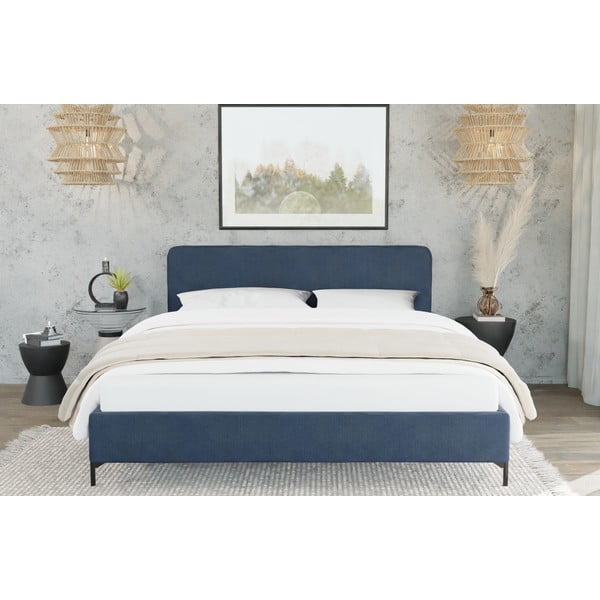 Tamno plavi tapecirani bračni krevet s podnicom 160x200 cm Barker – Ropez-image-3