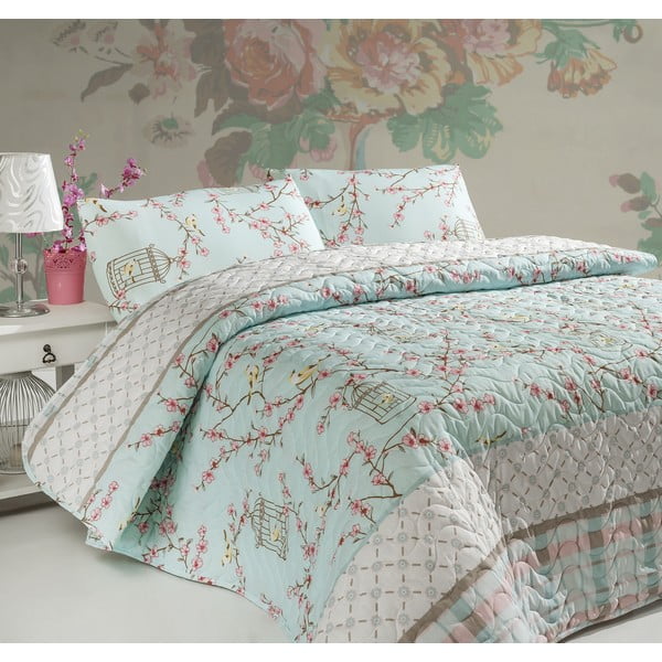 Set pokrivač za bračni krevet s dvije jastučnice s pamukom Birdcage, 200 x 220 cm