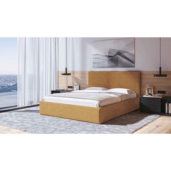 Oker žuti tapecirani bračni krevet s prostorom za pohranu s podnicom 160x200 cm Bufo – MESONICA-image-1