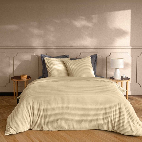 Bež 3-dijelna flanelska posteljina za bračni krevet/za produženi krevet 240x220 cm Veloutea – douceur d'intérieur-image-1