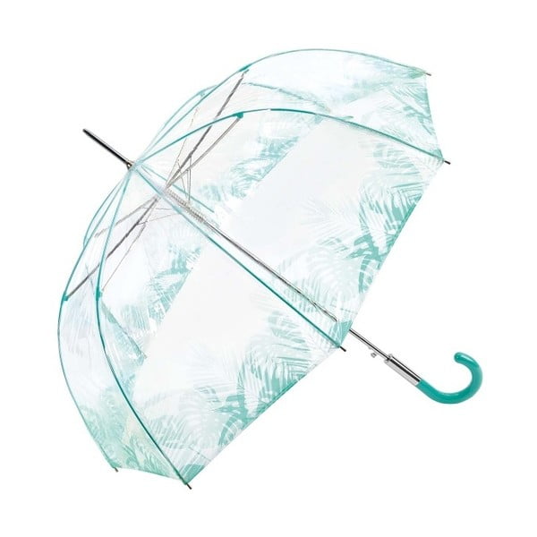 Prozirni štapićasti kišobran s plavim detaljima Birdcage Tropical Leaves, ⌀ 86 cm