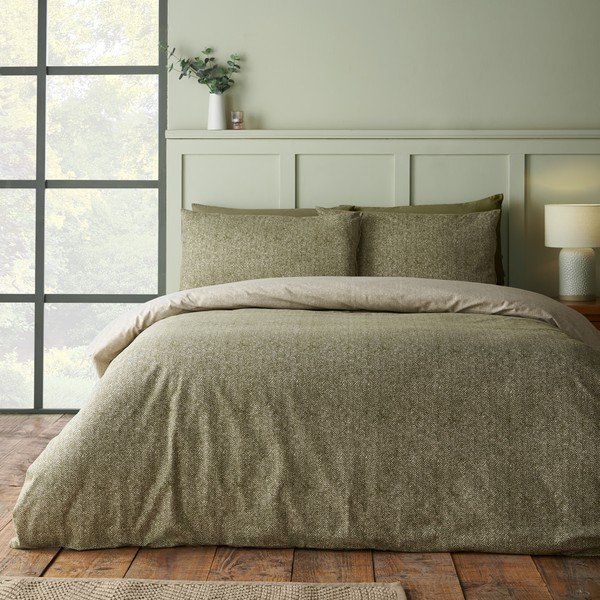 Zelena flanelska posteljina za krevet za jednu osobu 135x200 cm Brushed Herringbone – Catherine Lansfield