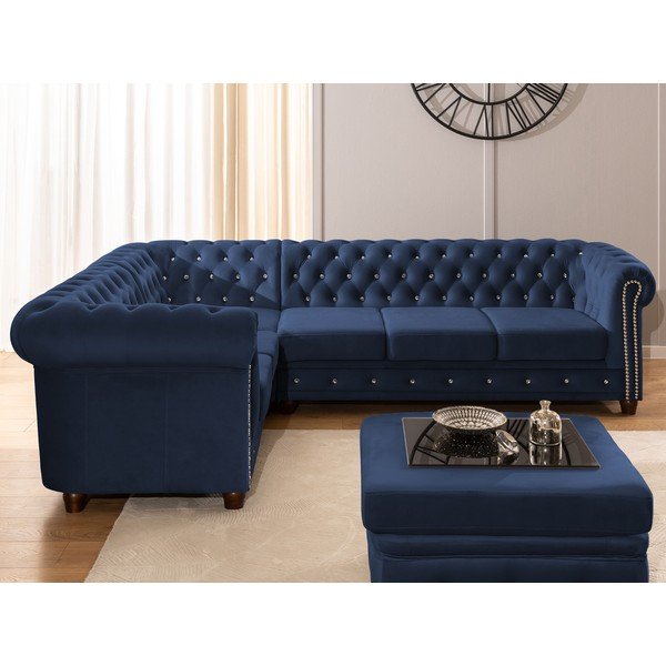 Plava baršunasti sklopiva kutna garnitura (s lijevim kutom/u obliku slova L) York Blik – Ropez-image-4