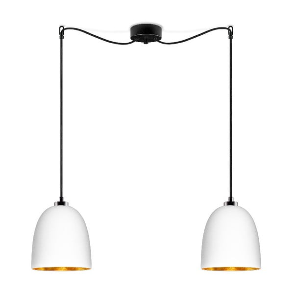 Bijela viseća svjetiljka s dva kraka, crnim kabelom i detaljem u zlatnoj boji Sotto Luce Awa