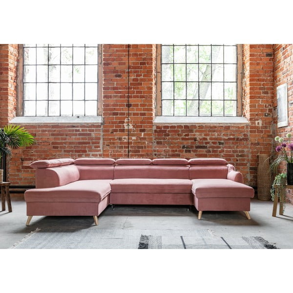 Svijetlo ružičasta baršunasta sklopiva kutna garnitura (s lijevim kutom/u obliku slova "U") Sweet Harmony – Miuform-image-1