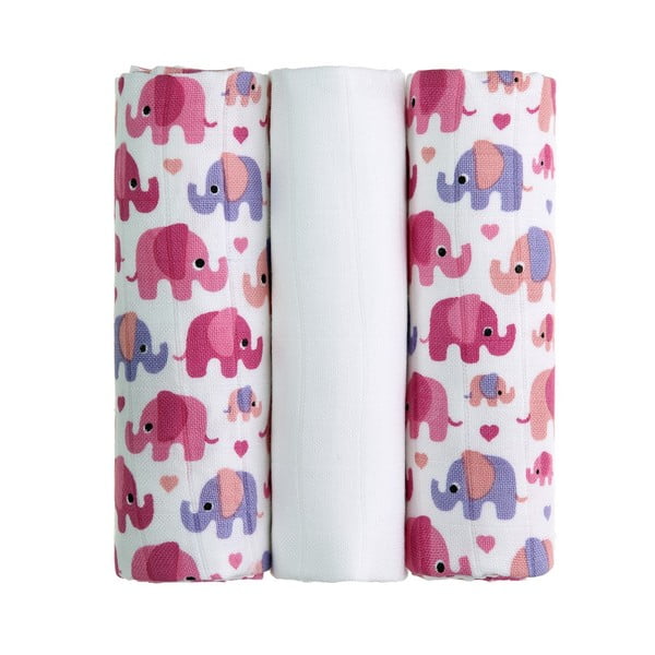 Set od 3 platnene pelene T-TOMI Pink Elephants, 70 x 70 cm