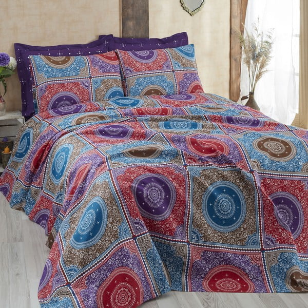 Ljubičasti pokrivač za bračni krevet s plahtom i jastučnicama Ornament, 200 x 235 cm