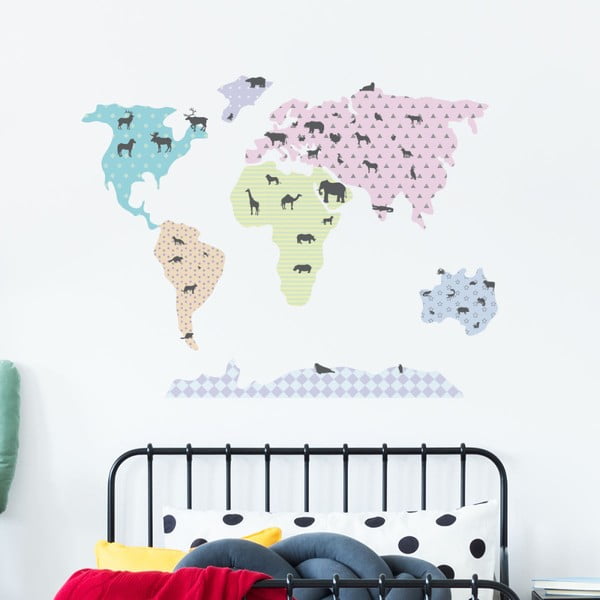 Set zidnih naljepnica Ambiance World Map Pastel with Animals