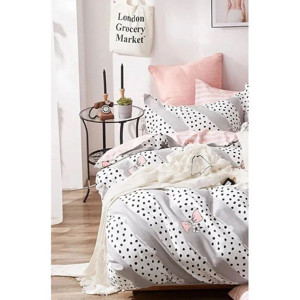 Bijela/ružičasta pamučna posteljina za bračni krevet/za produženi krevet s uključenom plahtom/4-dijelna 200x220 cm Bow and Polka-Dot – Mila Home-image-3