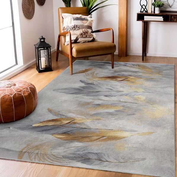 Sivi/u zlatnoj boji perivi tepih 120x180 cm Golden Feathers – Mila Home-image-1