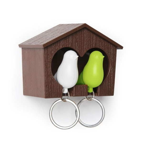 Štand s QUALY Duo Sparrow privjescima za ključeve, smeđi štand / bijeli + zeleni privjesak za ključeve