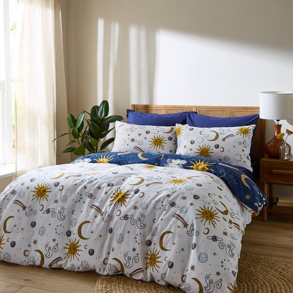 Bijela/plava pamučna posteljina za krevet za jednu osobu 135x200 cm Disco Space – Their Nibs-image-2